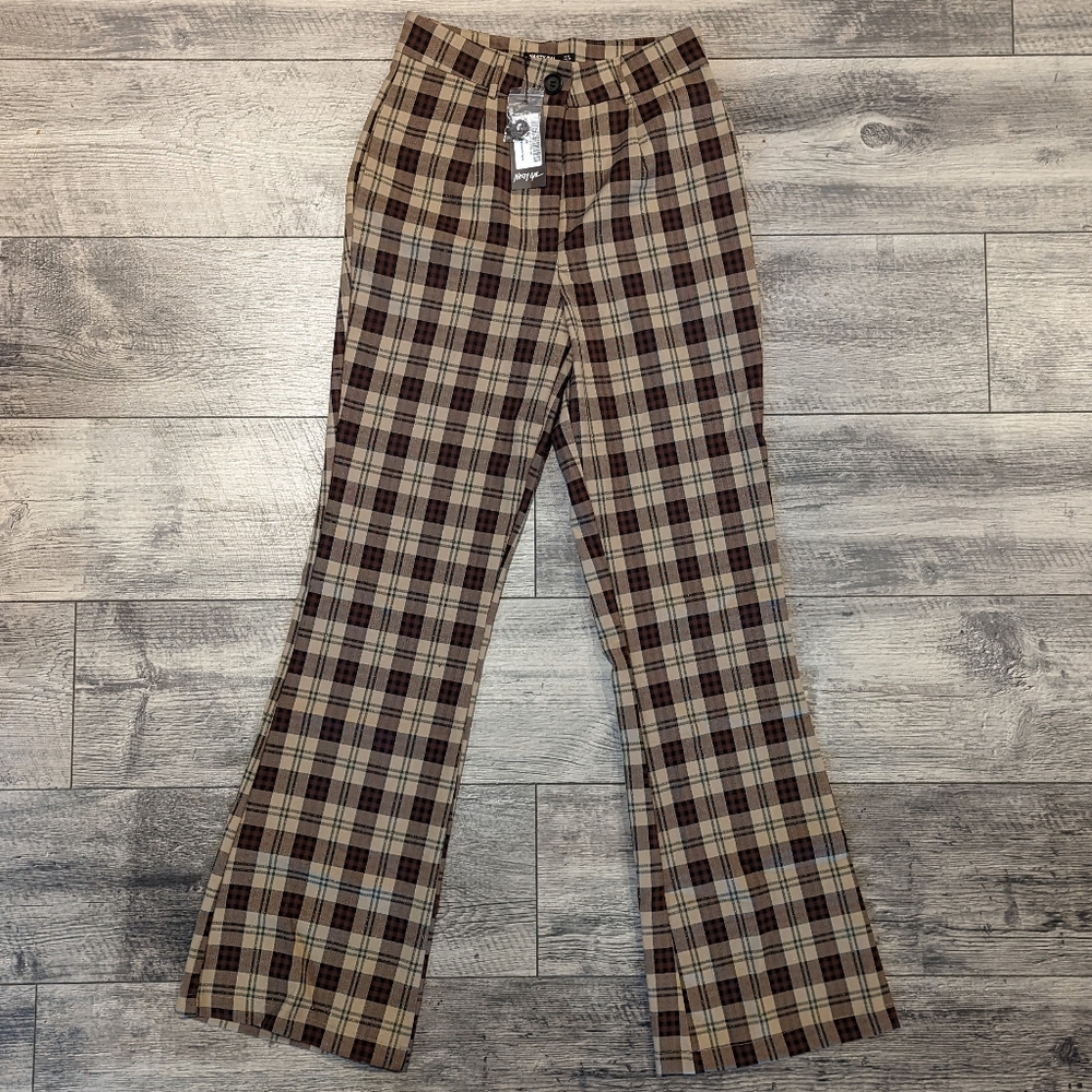 Nasty Gal Brown Plaid Flare Pants